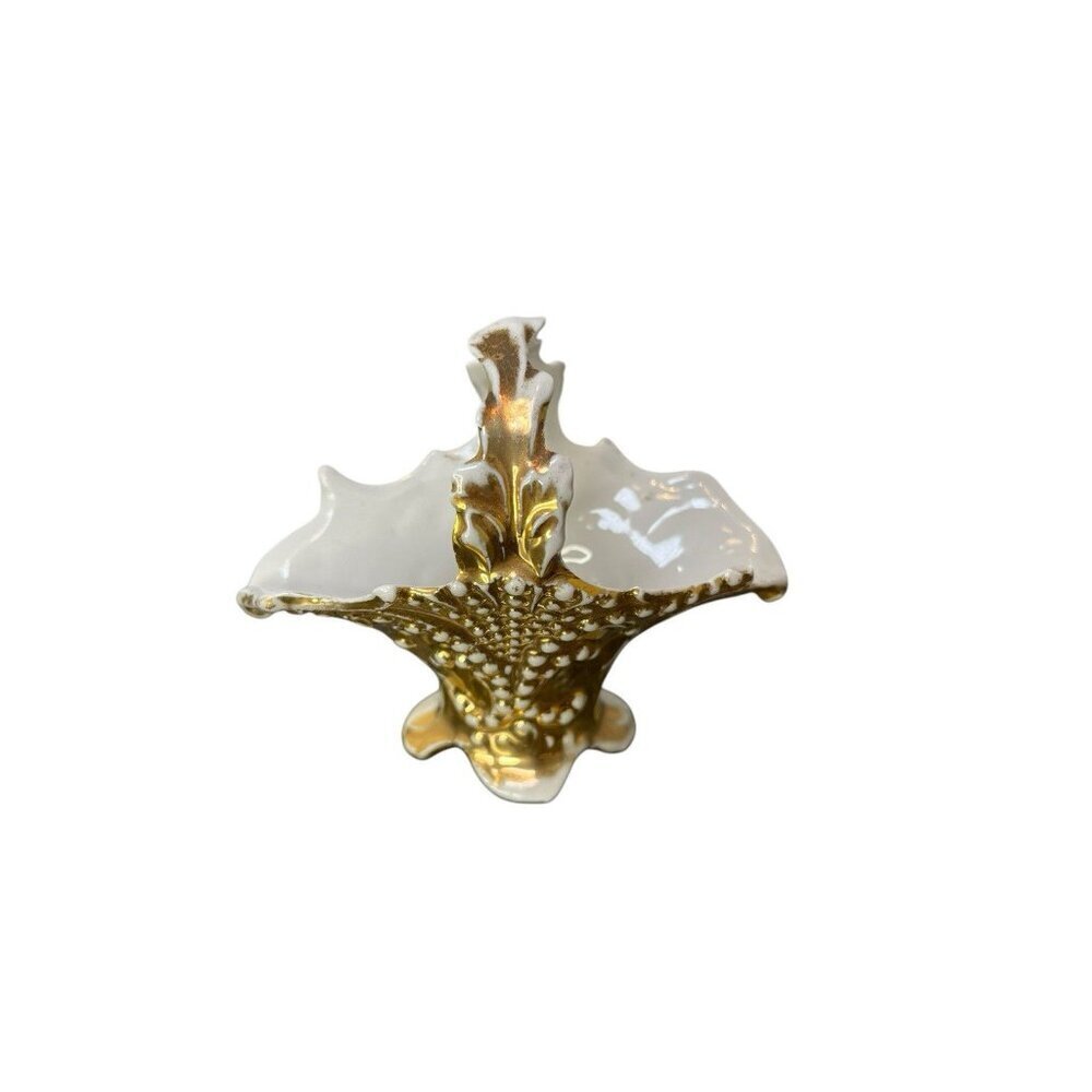 Antique Porcelain Basket Trinket Dish Jewelry Ring Holder Tray White & Gold